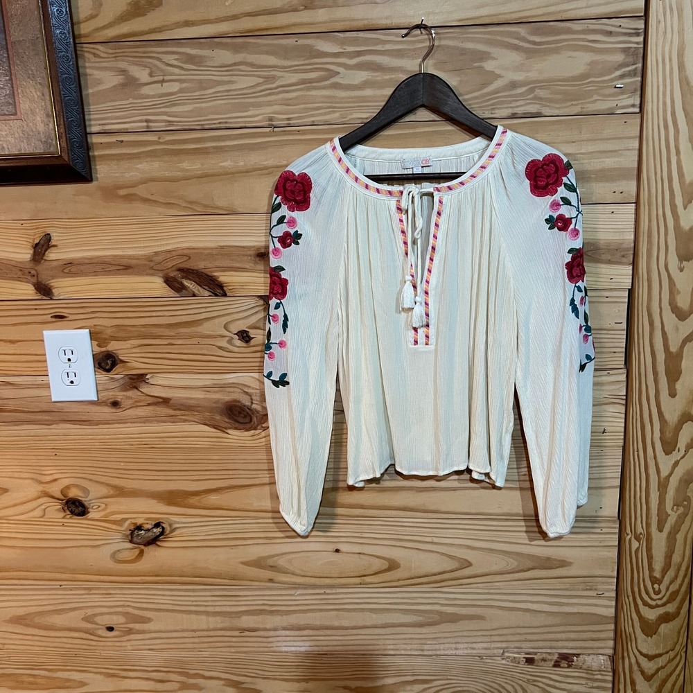 GB Gianni Bini Cream Floral Embroidered Peasant Blouse Tassel Tie Boho Top M